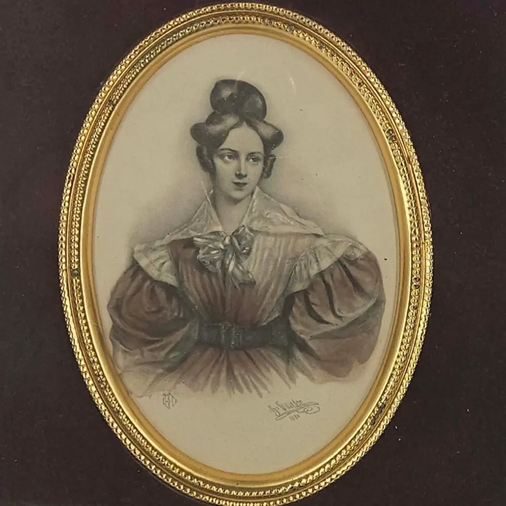 Vintage oval brass detail portrait of lady in deep well distressed white frame